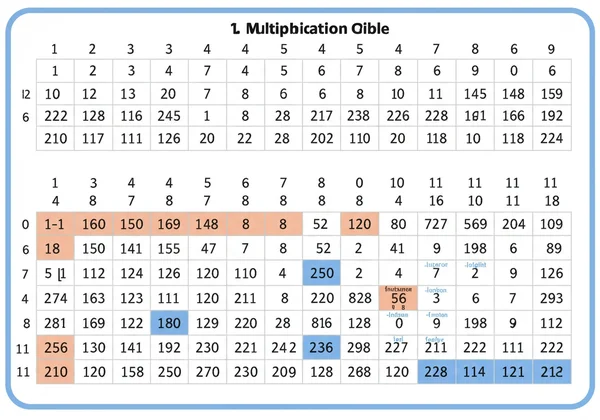 A colorful multiplication chart showing numbers 1-12
