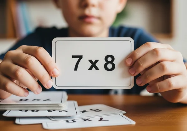 Child using flashcards for multiplication rote memorization