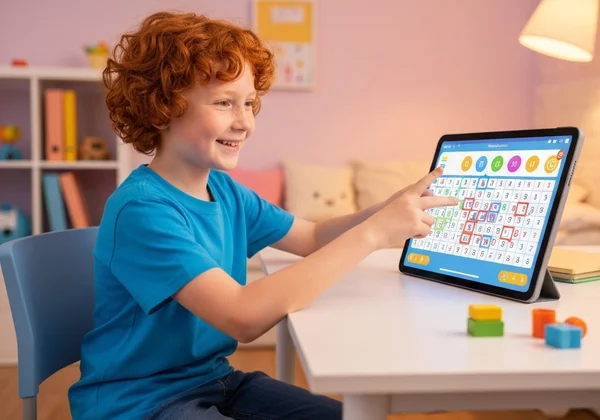 Child happily using a colorful, interactive multiplication chart.
