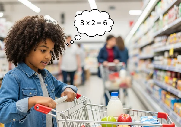 Child calculating costs at grocery store, a real-world math use.