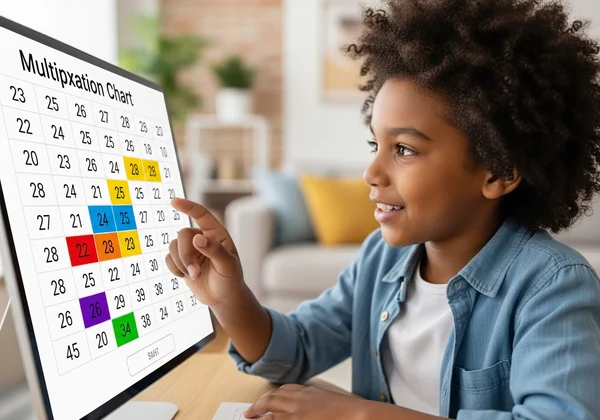Child using an interactive multiplication chart happily learning