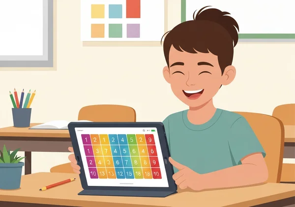 Child using an interactive multiplication chart on a tablet