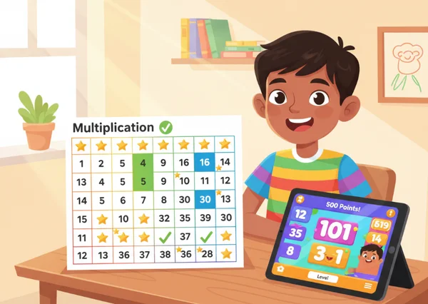 Child tracking multiplication progress with charts