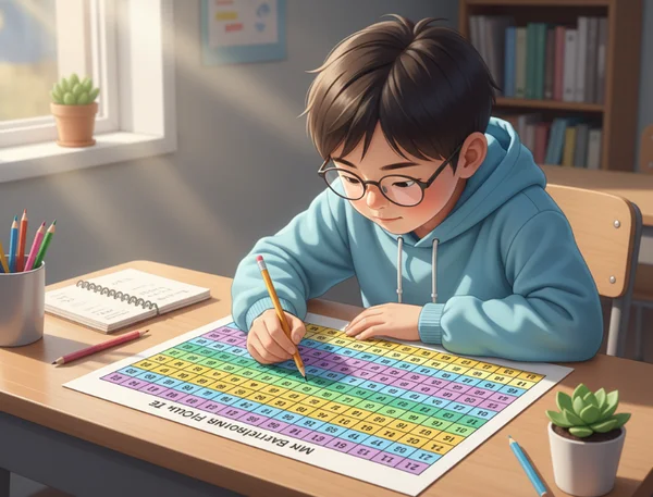 دانش‌آموز در حال استفاده از جدول ضرب