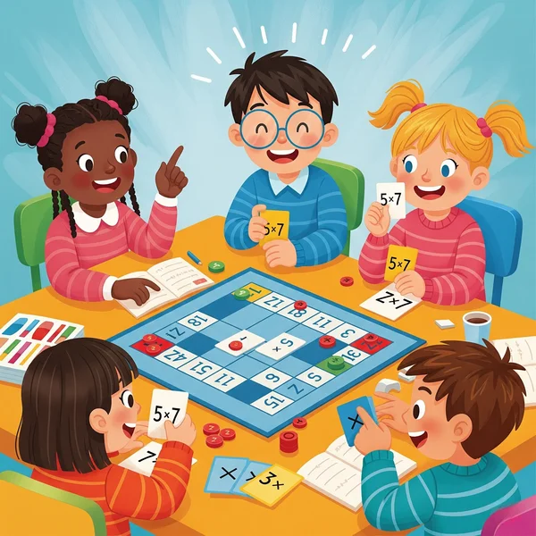 Kids joyfully playing educational multiplication table games