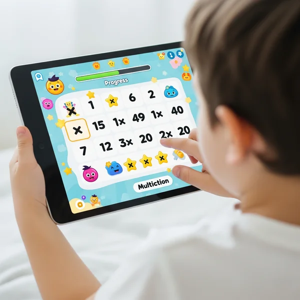 Child playing an interactive online multiplication game on a tablet