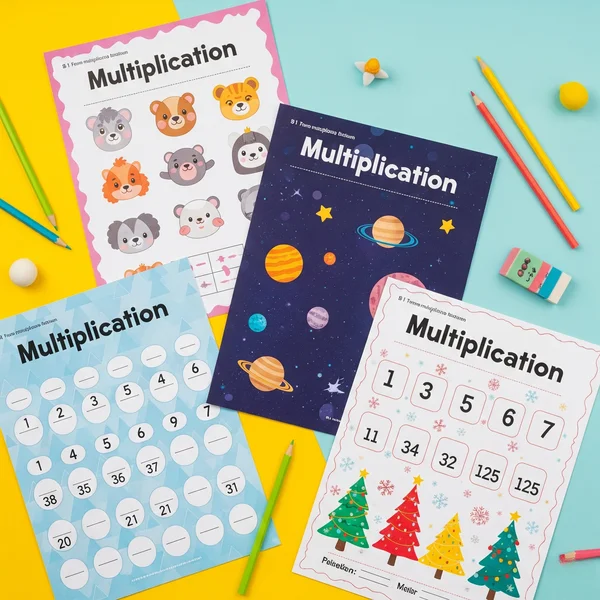 Resimlerle eğlenceli temalı çarpma matematik çalışma kağıtlarının önizlemesi