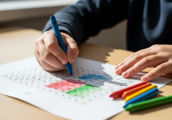 Child coloring a printed multiplication chart