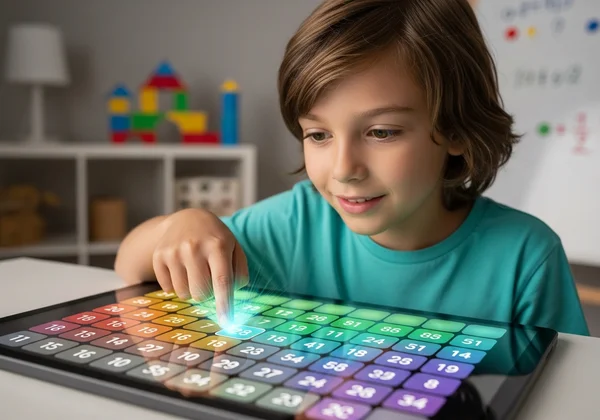 Child joyfully using an interactive multiplication chart