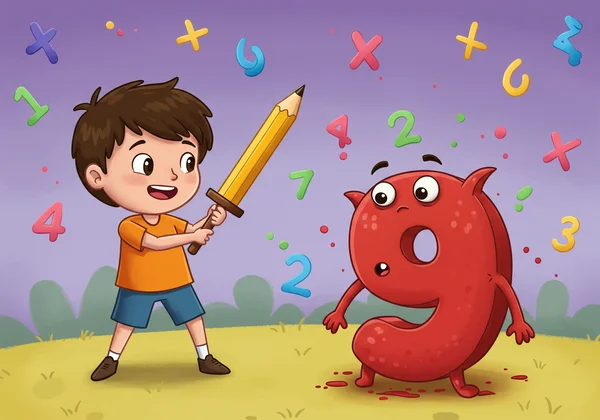 Child conquering a math monster, symbolizing 9s table mastery