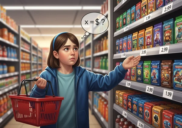 A child helping to shop, using math for purchases.