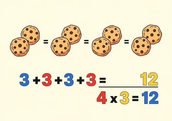 Illustrates 4 groups of 3 cookies for multiplication