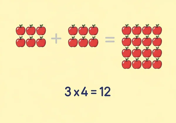 Visual of 3 groups of 4 items demonstrating multiplication.