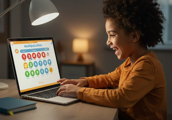Happy child playing an online multiplication game