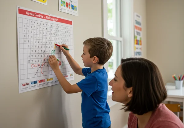 Parent and child tracking math progress on a chart