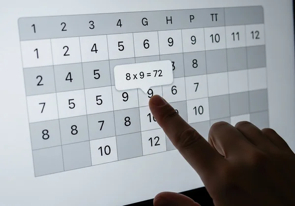 Hand hovering over interactive multiplication chart for 8x9