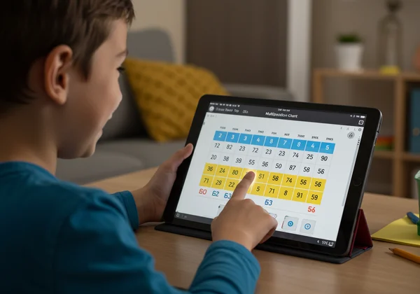 Child using an interactive digital multiplication table on a tablet