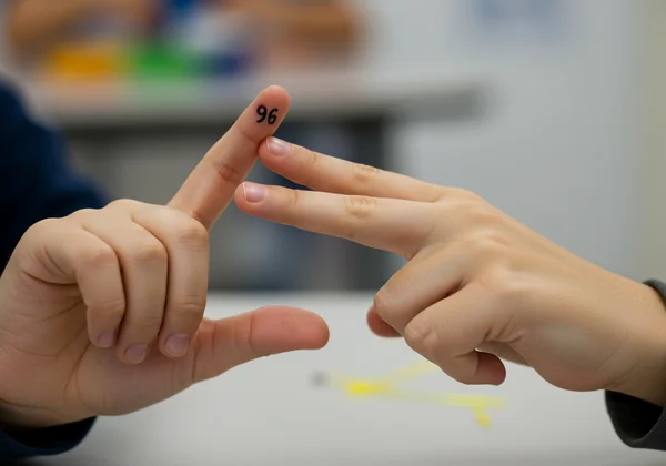 Hands demonstrating the 9s finger multiplication trick